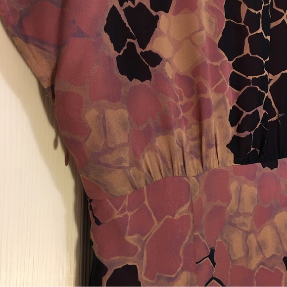 Tess dress 100% Silk Black Mauve Tan VNeck Short Sleeve Lined Maxi Dress Size 10 - Picture 6 of 8